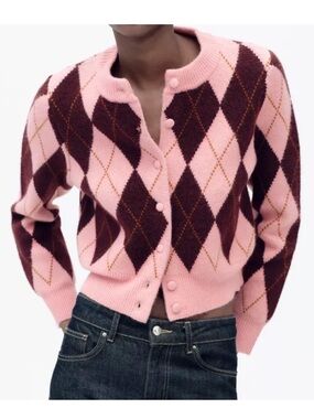 Zara Pink Argyle Jacquard Cardigan Sweater SS25 - Small NWOT